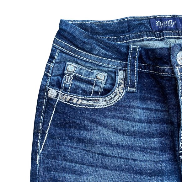 Miss Me Curvy Boot Denim Jeans Sz 27 Rhinestone Western Statement Mid-Rise - Picture 10 of 16
